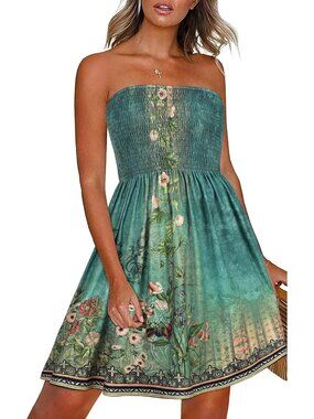 Women's Green Beach Casual Sundress Strapless Off Shoulder Cover Ups Mini Dress